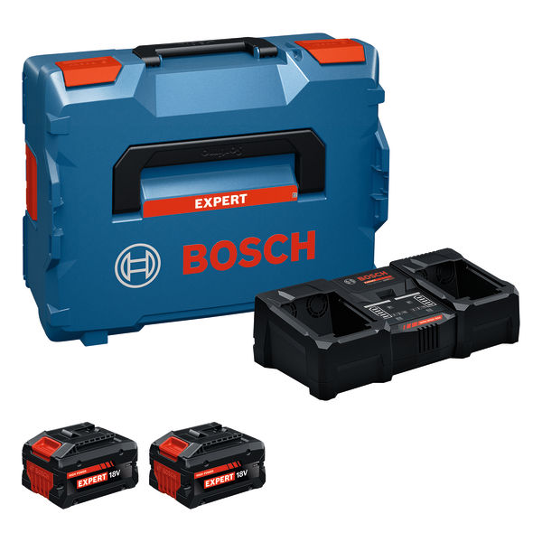 Bosch Akku-Ladegerät-Set mit Koffer, 2x EXBA18V-80 + EXAL18V2-320. Produktbild Lieferumfang
