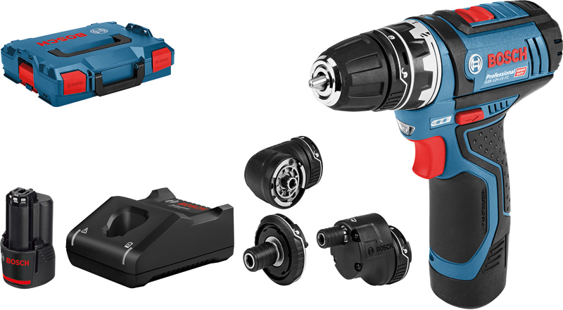 Bosch GSR 12V-15 FC Akku-Bohrschrauber-Set mit Aufsätzen. Produktbild Lieferumfang