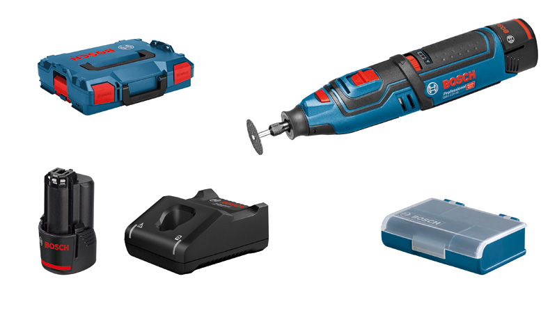 Bosch GRO 12V-35 Akku-Rotationswerkzeug-Set mit Zubehör. Produktbild Lieferumfang