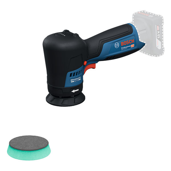Akku-Polierer GPO 12V-77 von Bosch mit Schaumstoffpad. Produktbild Lieferumfang