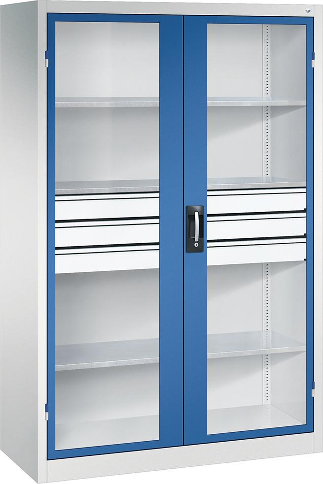 C+P Flügeltürenschrank A-curado mit Sichtfenster 4Fachböden B1200xT500xH19-50mm RAL7035/5023
