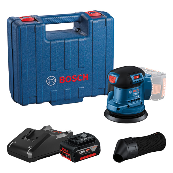 Bosch GEX 185-LI Exzenterschleifer-Set mit 125-mm-Teller. Produktbild Lieferumfang