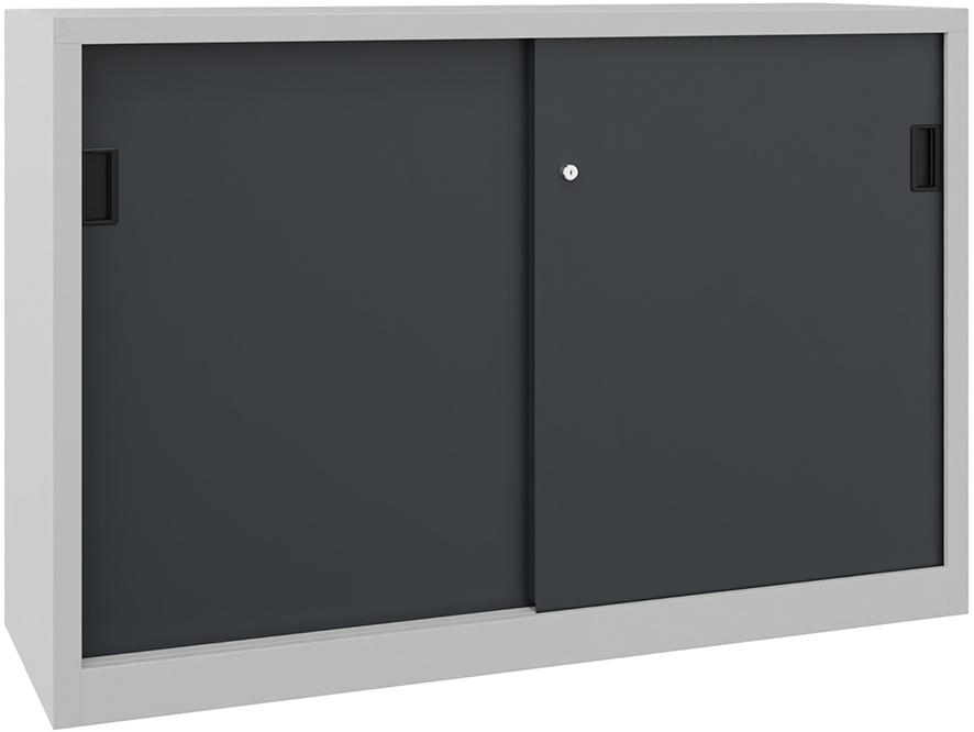 PAVOY Schwerl.-Schiebetü-renschr. m. Bl.-Türen. u.Mittelw. Böd. besch. 150-0x500x1000mm 7035/7016
