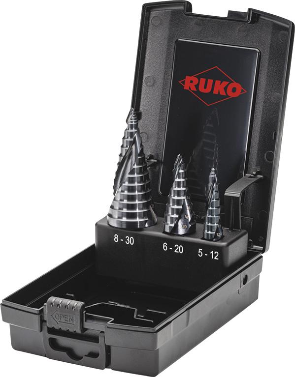 RUKO Stufenbohrer-Satz H-SS spiralgenutet 3-teilig5-12 6-20 8-30mm Kunstst-offkassette ULTIMATECUT