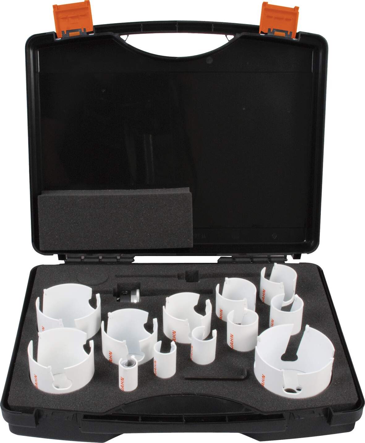 Koffer mit HM TCT Multilochsägen je 1 Stück: 19-22-25-32-35-40-44-51-57-64-68-76 mm inkl. 2 Adaptern, je 1 x HSS und TCT Zentrierbohrer sowie 1 x Winkelstiftschlüssel