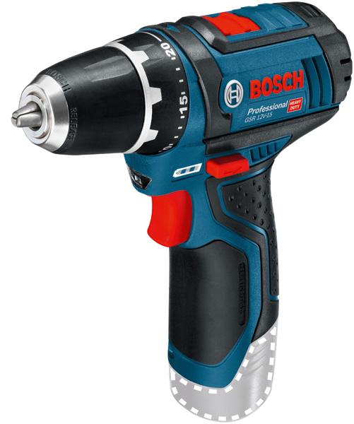 Akku-Bohrschrauber GSR 12V-15 von Bosch mit ergonomischem Griff. Produktbild Lieferumfang