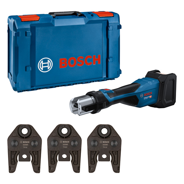 Bosch 18V-32 Presswerkzeugsatz mit drei Pressbacken. Produktbild Lieferumfang