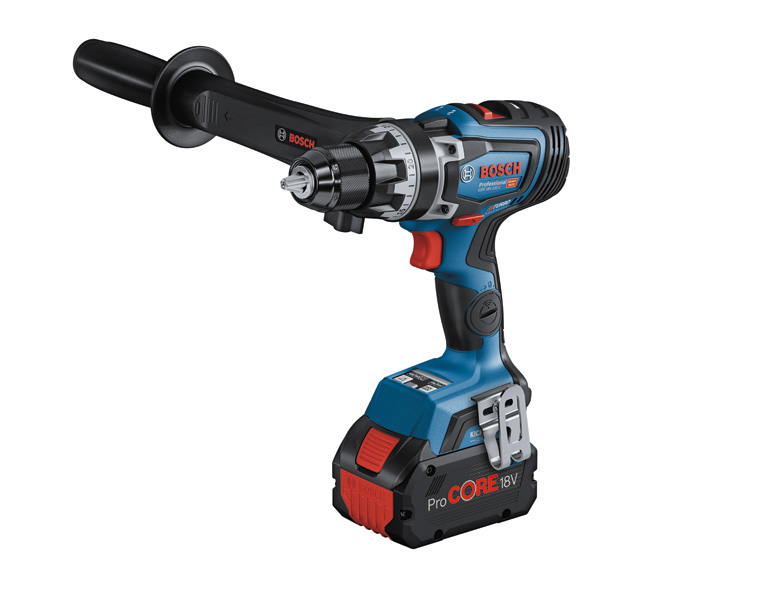 Bosch GSR 18V-150 C Akku-Bohrschrauber mit Seitengriff. Produktbild dynamisch
